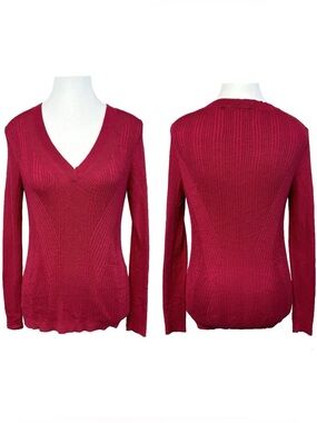 WHBM Red Ribbed Cashmere Blend V Neck Long Sleeve Luxury Soft Cozy Office Large